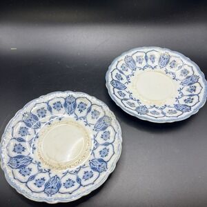Antique Johnson Brothers Eclipse Flow Blue Saucers Pair Gold Gilt 6" 1890s